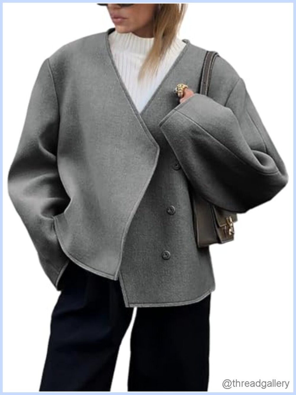 Cropped Wool Pea Coat V-Neck Single Breasted Loose Fit Winter Outerwear